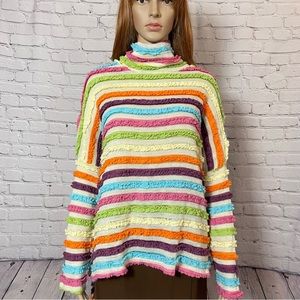 New Zano Basic Multicolor Stripes Ruffles High Neck Sweater Size M